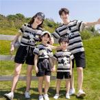 親子2点セット親子ペアルックペアルック上下セットペアボーダーパンダ可愛い夏服親子コーデ赤ちゃんペアｔシャツ半袖