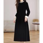 ワンピース 袖配色襟パールデザインベロアワンピース
