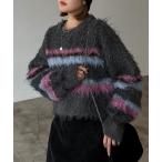 ニット セーター シャギーマルチボーダーショートプルオーバー レディース