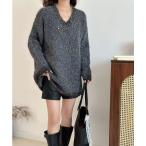 ニット セーター Vネックパッチワークスパンコールミドル丈ニットセーター レディース