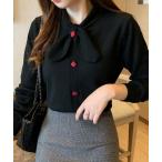 ショッピングニットタイ ニット セーター タイリボン配色ボタンニットプルオーバー レディース