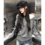 ニット セーター チョーカー付きオフショルダールーズニット レディース