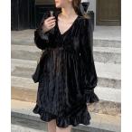 ワンピース Vネックフリル切替ベロアミニワンピース