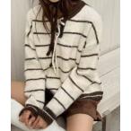 ショッピングボーダー ニット セーター 「秋冬新作」レースアップボーダーニットプルオーバー レディース