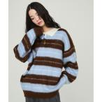ショッピングストライプ ブラウス シャツ Oversized Striped Collar Knit Top / オーバーサイズストライプカラーニットトップス レディース