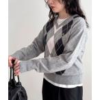 ショッピングアーガイル ニット セーター アーガイル柄インターシャVネックニット レディース