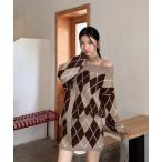 セットアップ アーガイル柄ニットトップス＆スカートSET（2色展開） レディース