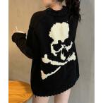 ショッピングスカル ニット セーター スカルモチーフジャガードダメージ風オーバーサイズニット レディース