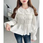 ブラウス シャツ ドビーストライプキャンディスリーブ長袖シャーリングブラウス レディース