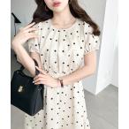 ワンピース リネンライクドットフロントタックパフスリーブワンピース