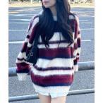 ニット セーター マルチボーダーシャギーチュニックニット レディース