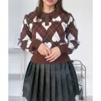 ショッピングアーガイル ニット セーター衿フェザー ワンポイントブランドロゴ刺繍 アーガイル柄ニットポロプルオーバー レディース