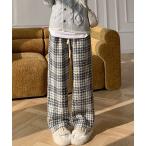 パンツ 裏起毛チェック柄ワイドパンツ レディース