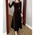ワンピース 異素材フリルドッキングベロアワンピース