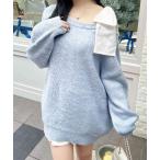 チュニック 肩リボンワンショルシャギーチュニックニット