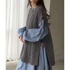 ショッピングジレ ベスト ジレ 「選べる2ネック」ケーブル編みニットベスト レディース