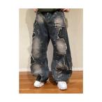 ショッピングダメージ ジーンズ 「Blss」「Bling Leads」ダメージ加工切替刺繍入バレルレッグデニムパンツ メンズ レディース