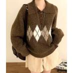 ニット セーター 襟付きアーガイルニットトップス レディース