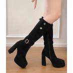 ブーツ レザー調 サイド ファスナー ベルト付き ロング ブーツ レディース
