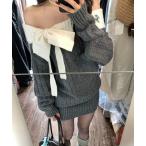 ワンピース リボンモチーフオフショルリブニットワンピース