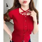 ショッピングニットタイ カーディガン タイ付きスクエアネック半袖SSニットカーディガン レディース