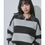 ショッピング韓国 ニット セーター デニム衿 ボーダー オーバーサイズ ニット レディース