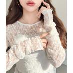 tシャツ クルーネック袖ギャザー長袖ストレッチレーストップス レディース