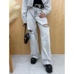 ショッピングダメージ ジーンズ デニム デニムパンツ カットアウトワイドデニムパンツ「セットアップ着用可能」 レディース