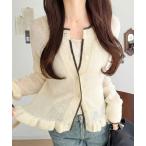 カーディガン 「mily bilet」これ一枚で完成、旬レイヤードスタイル。裾フリルバイカラーデザインシアーニットカーディガン（長袖） レディース