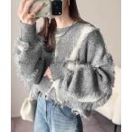 ニット セーター コーデの主役級！華やぐフリンジ配色ジャガードオーバーサイズスプリングニット（長袖） レディース