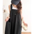 ジャンパースカート 重ね着が楽しい♪着回し自在リネンライク素材胸元ギャザー＆ポケット使いAラインジャンパースカート