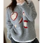 ショッピングりんご ニット セーター りんごモチーフふわもこニット／オフホワイト・グレー・ダークグレー レディース