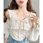 タンクトップ ノースリーブ ドットプリントテレコリブフロントギャザーリボンフリルタンクトップ レディース