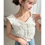 ショッピングタンクトップ レディース タンクトップ ノースリーブ 花柄プリントテレコリブフロントギャザーリボンフリルタンクトップ レディース