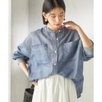 ブラウス シャツ 「手洗い可能」シアー デニム 袖 リブ バンドカラー シャツ レディース