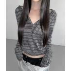 tシャツ 「26年春新作」マルチボーダーヘンリーフードロンT レディース