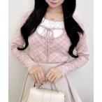 ショッピングチェック ニット セーター フロントフリルドッキングチェック柄ニット レディース