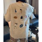 ショッピングニットワンピ ニット セーター 刺繍入りデザインニット レディース