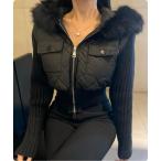 tシャツ フェイクファーフード ニット×キルティングアウター レディース