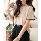 ニット セーター 遊び心くすぐる、大人のプチ配色。袖先配色リブニット(半袖) レディース