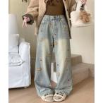 ジーンズ デニム デニムパンツ 犬ちゃん刺しゅう裏ボアデニムパンツ レディース