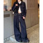  выставить [ верх и низ 2 позиций комплект ] Denim жакет + Denim широкий брюки женский 