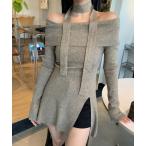 ニット セーター デザインオフショルダーニットトップス レディース