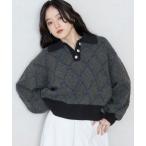 tシャツ ダイヤ柄ジャガードニットポロ レディース