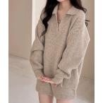 ニット セーター 「セットアップ/もこもこ立体編み」長袖 スキッパー リブニット プルオーバー + ショートパンツ 上下2点セット レディース レディ