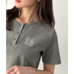 tシャツ 「mily bilet」シンプルを可愛く、今っぽく♪ロゴ刺繍ヘンリーネッククロップドテレコリブ半袖カットソー（ショート丈） レディース