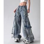 カーゴパンツ フラップベルトワイドデニムカーゴパンツ レディース