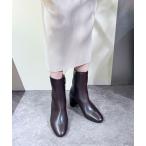 ブーツ 「APOM」本革ブロックヒールプレーンミドルショートブーツ レディース