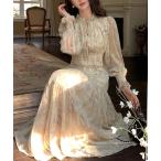 ワンピース 花柄シャーリングリボンワンピース