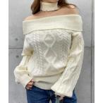 ニット セーター チョーカー付きオフショルケーブルニット レディース